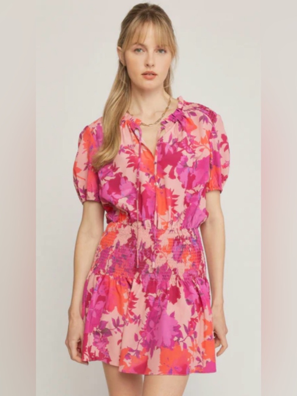 Boutique Vibrant Pink & Coral Floral Smocked Waist Dress by FIRST❤️ LOVE BRB SL4 - Picture 3 of 11